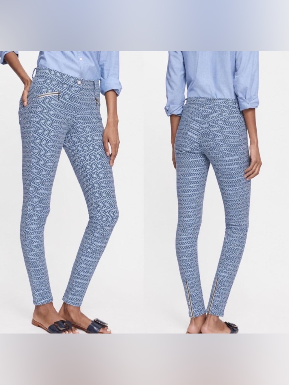 J.McLaughlin Blue White Patterned Ankle Zip Pants Size 10